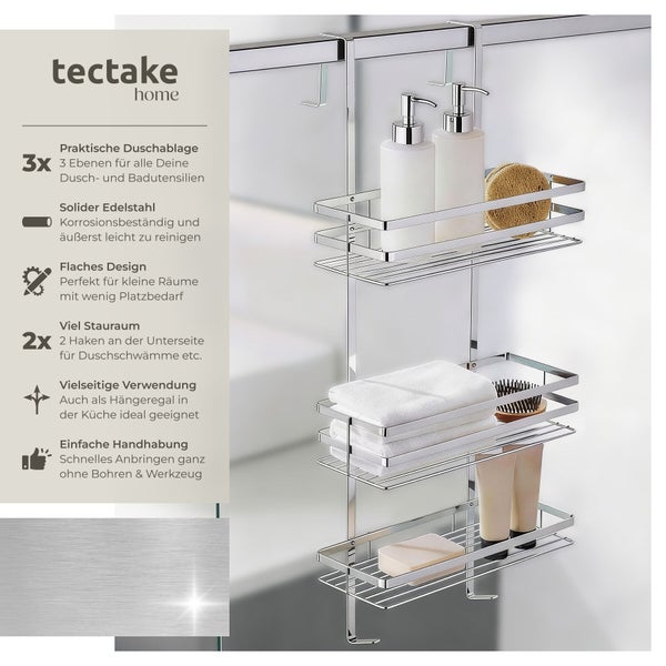 Duschregal aus Edelstahl mit drei Ablagen und zwei Haken zur hängenden Montage
