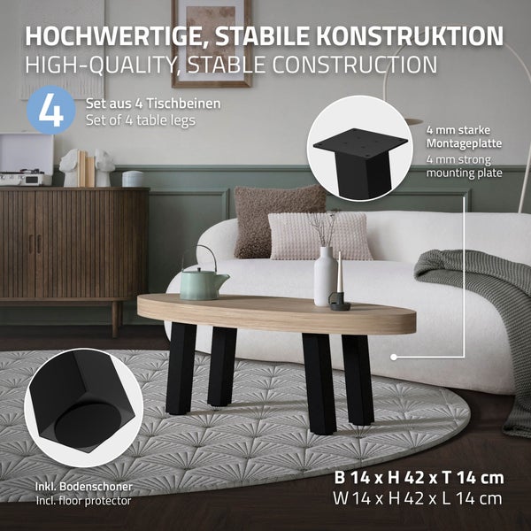 ML-Design 4er Set Tischbeine schräg H:42 cm, Schwarz glänzend, aus pulverbeschichtetem Stahl, eckig, Profil 8x8 cm, I-Form, Möbelfüße Metall 96° Neigung, Tischfüße Möbelbeine für Couchtisch, Sitzbank