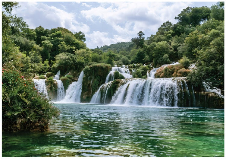 Eine weitläufige Naturlandschaft mit mehreren kaskadierenden Wasserfällen, die in einen klaren See inmitten üppiger Vegetation fließen.