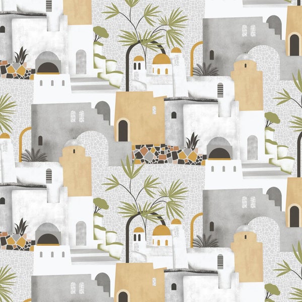 Muster einer Tapete mit Gebäudedarstellungen und Vegetation
