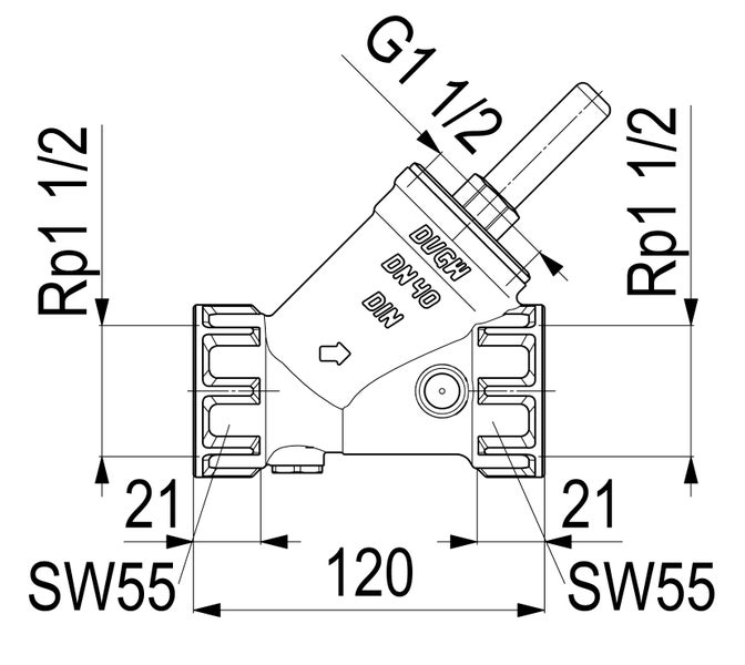 Technische Zeichnung eines Schrägsitzventils mit Maßangaben: DN 40, Rp 1 1/2 Zoll und Länge 120 Millimeter.