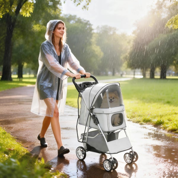 Frau schiebt einen Hundebuggy mit Regenverdeck und kleinem Hund durch einen Park bei Regen.