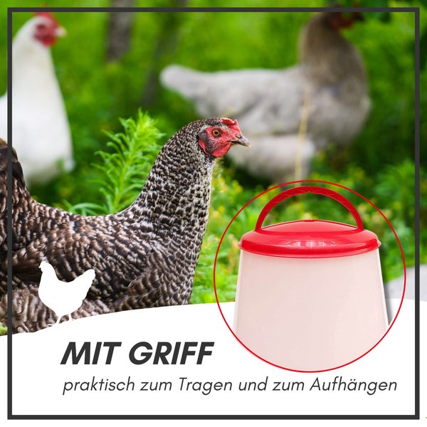 Geflügeltränke mit praktischem Griff zum Tragen und Aufhängen in einer Umgebung mit Hühnern.