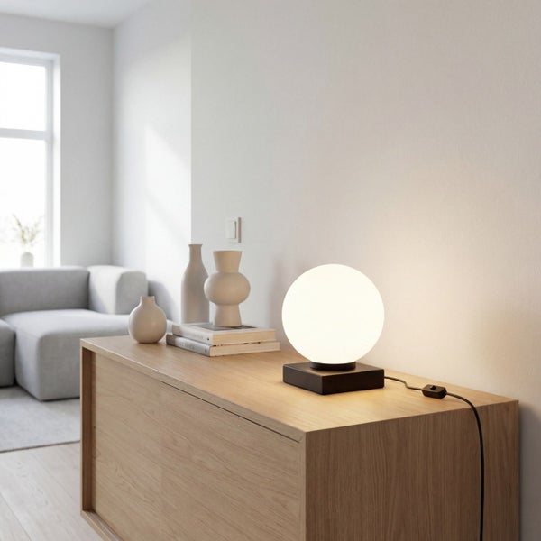 Moderne kugelförmige Tischleuchte auf einem Sideboard aus Holz in einem hellen minimalistischen Wohnzimmer mit Sofa und Dekoration.