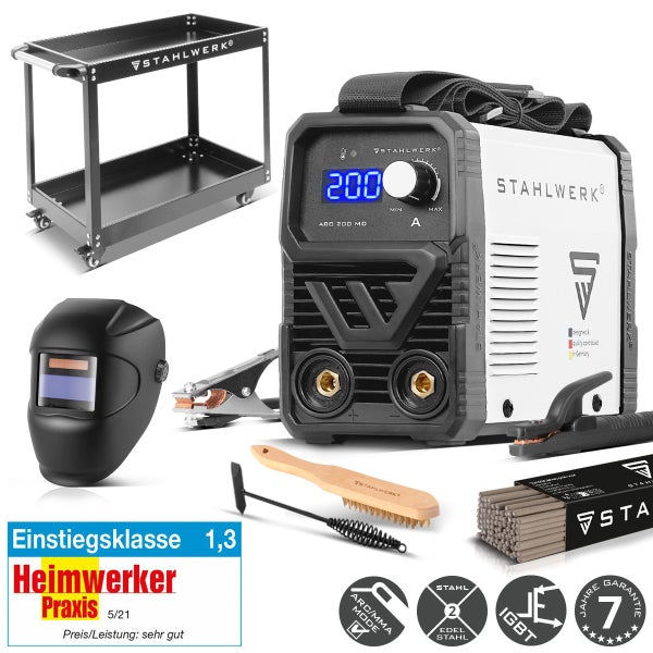 Stahlwerk ARC 200 MD Schweißgerät-Set inklusive Schweißwagen, Automatikhelm, Elektroden und Zubehör mit sieben Jahren Garantie.