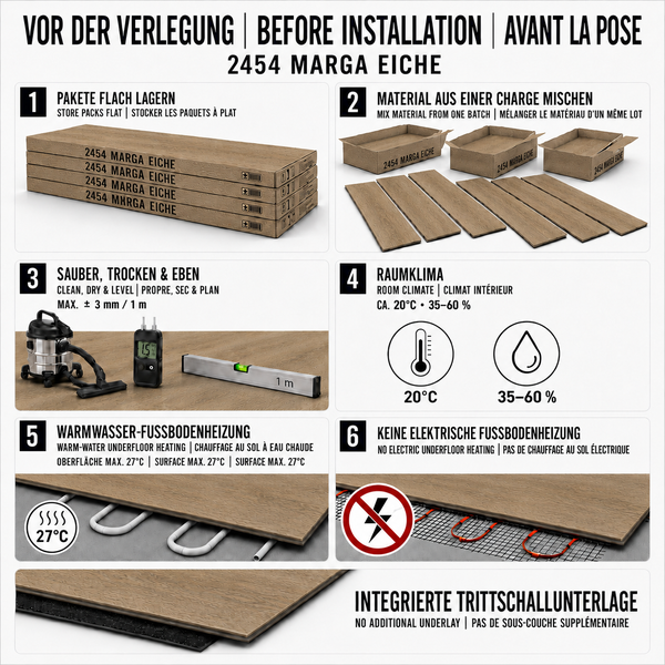 Installationsanleitung für Bodenbelag Marga Eiche mit sechs Schritten zur Vorbereitung und technischen Hinweisen für die Verlegung.