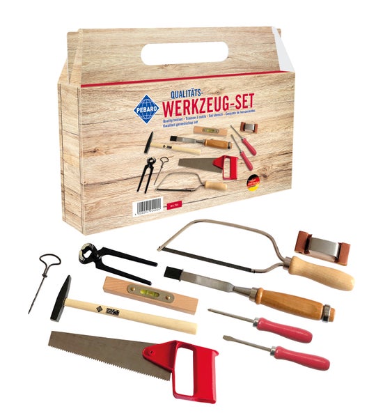 Pebaro Kinder Werkzeugset mit Laubsägebogen, Hammer, Zange, Schraubendreher, Wasserwaage, Beitel und Handbohrer in Holzkoffer