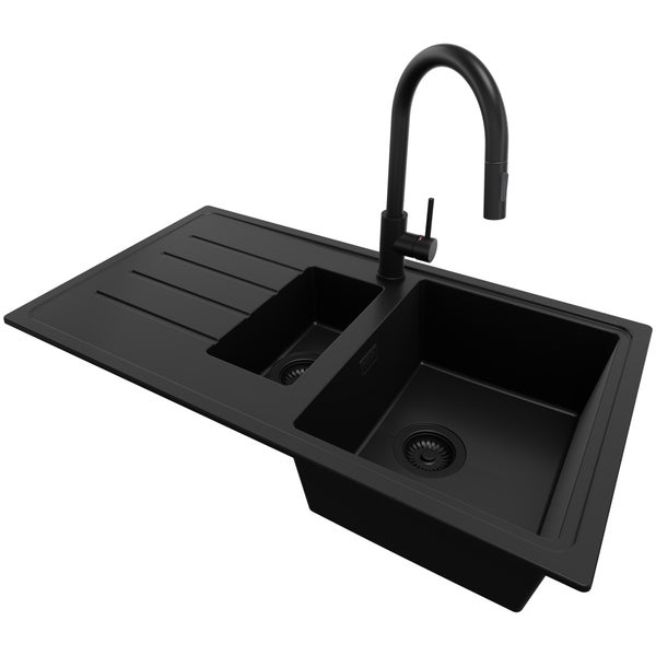 PRIMAGRAN Granitspüle Alles Schwarz 90x50cm, Spülbecken 1,5 Becken + Küchenarmatur 40x20cm + Ablauf-Set, Küchenspüle ab 60er Unterschrank - Kopenhagen Duo