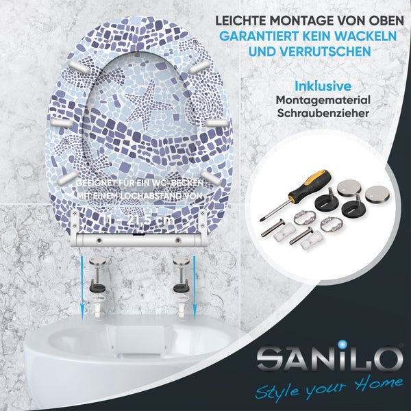 Sanilo WC-Sitz mit Mosaik-Seestern-Muster, Montage von oben, verstellbarer Lochabstand 11 bis 21,5 Zentimeter, inklusive Montagematerial und Logo.