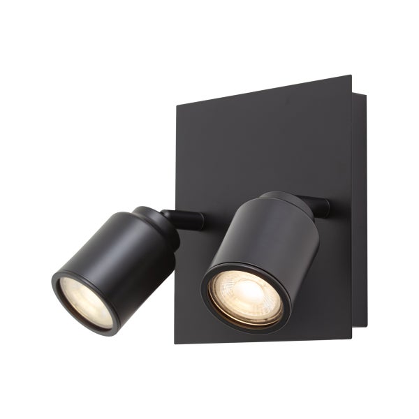 Doppelter Wandstrahler mit quadratischer Basis und zwei drehbaren Leuchtköpfen für moderne Wandbeleuchtung.