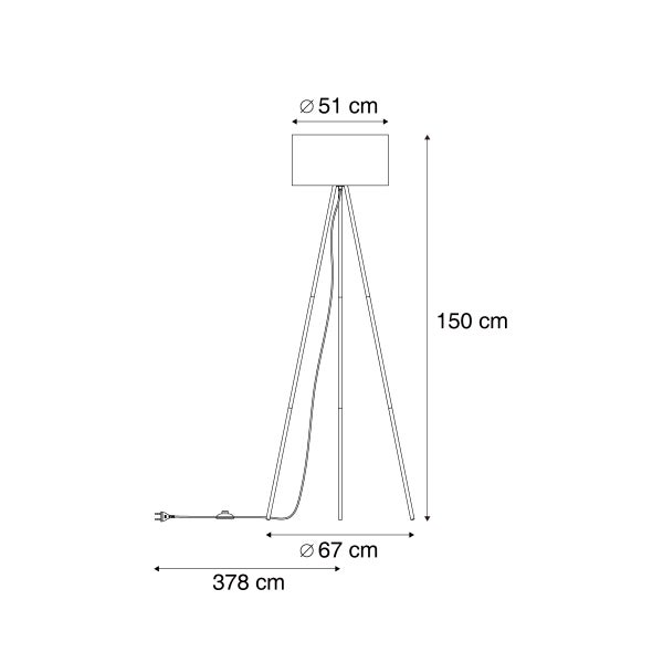 Maßzeichnung einer Dreibein-Stehleuchte: Höhe 150 Zentimeter, Schirmdurchmesser 51 Zentimeter, Fußbreite 67 Zentimeter, Kabellänge 378 Zentimeter.