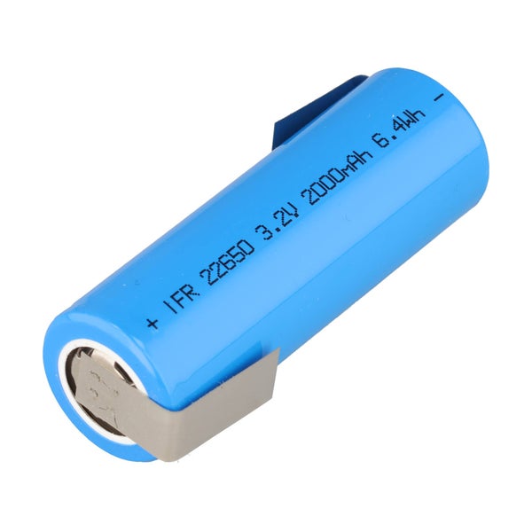 IFR 22650 Lithium-Eisenphosphat-Akku mit 3,2 Volt, 2000 Milliamperestunden und Lötfahnen.