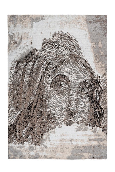 Moderner Teppich in Beige und Grau mit Porträt einer Frau im Mosaik-Stil, gewebt, Vintage-Optik.