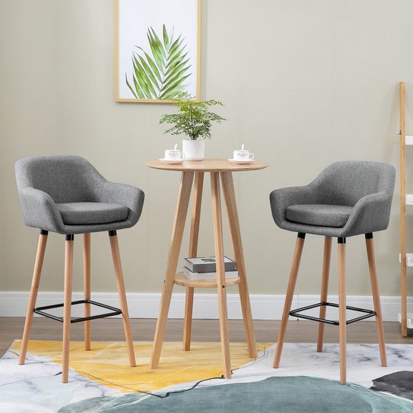 HOMCOM Barhocker 2er Set, Barstuhl mit Sitzkissen, Holzbeine, Rückenlehne und Armlehnen, Küchenstühle mit Fußstütze aus Holz, Tresenhocker für Küche, Wohnzimmer, Esszimmer, Leinenoptik, Grau