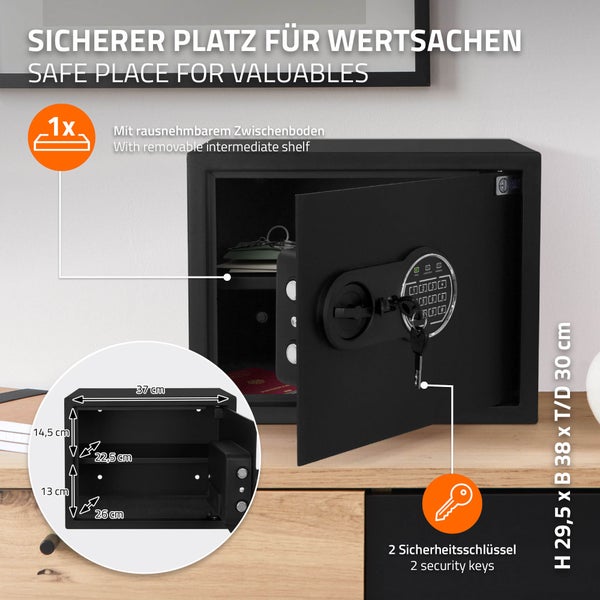 ECD Germany Safe Tresor 27L 38x30x29,5cm, stabiler Stahl, Wandtresor mit Sensorlicht & Digitale Tastatur für Schmuck Bargeld Dokumente, Elektronischer Möbeltresor Geldkassette mit PIN-Code, Schlüssel