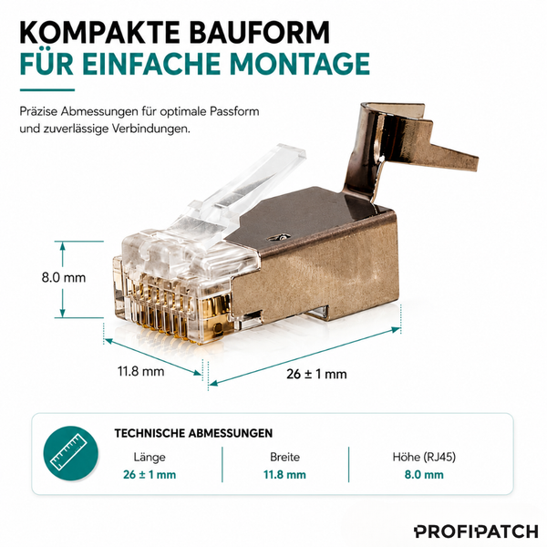 RJ45-Stecker, Maße: Länge 26 plus minus 1 Millimeter, Breite 11,8 Millimeter, Höhe 8,0 Millimeter. PROFIPATCH Logo.
