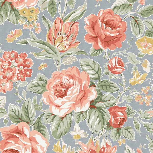 Tapete mit nostalgischem Blumenmuster aus Rosen und Blättern auf strukturiertem Untergrund