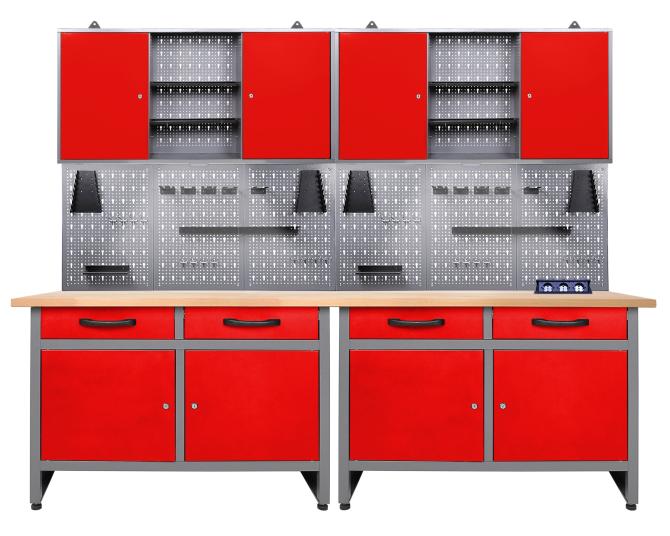 Ondis24 Werkstatt Set Werner 240 cm 2 Schränke 95 cm LED rot, Werkstatteinrichtung, Werkbank