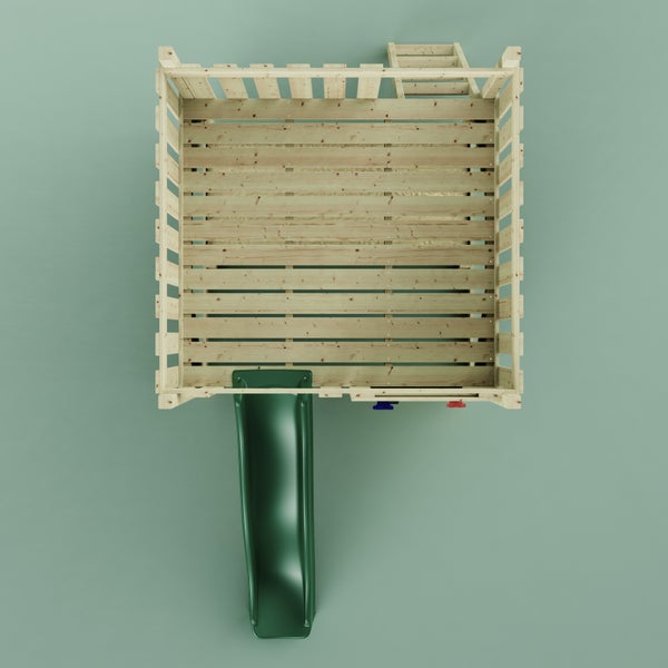 Spielturm aus Holz mit Rutsche und Kletterwand