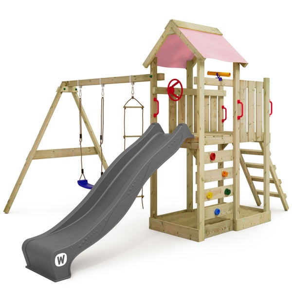 WICKEY Spielturm Klettergerüst MultiFlyer mit Schaukel und Rutsche, Kletterturm mit Sandkasten, Leiter und Spiel-Zubehör – anthrazit