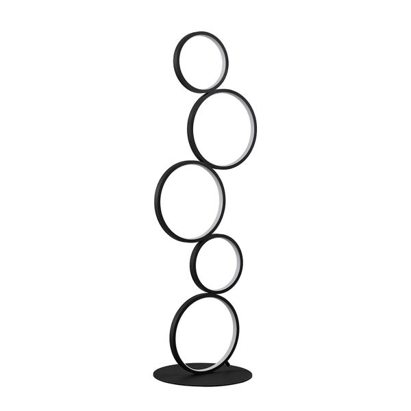 Moderne LED-Stehleuchte mit fünf ineinandergreifenden schwarzen Ringen auf einem runden Standfuß.