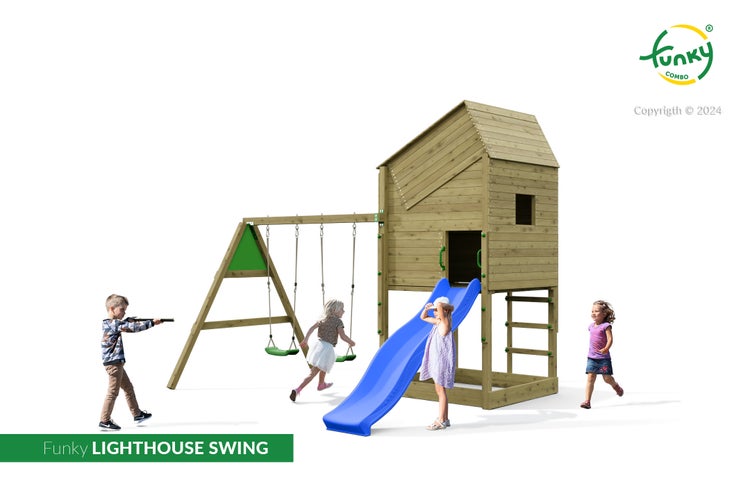 Spielturm aus Holz mit Spielhaus, Rutsche und Schaukelgestell mit zwei Schaukeln. Kinder spielen am Kletterturm.