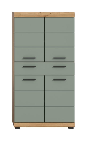 Hoher Schrank mit zwei Türen und zwei Schubladen, Korpus in Holzoptik, Fronten in moderner Gestaltung mit Griffen.