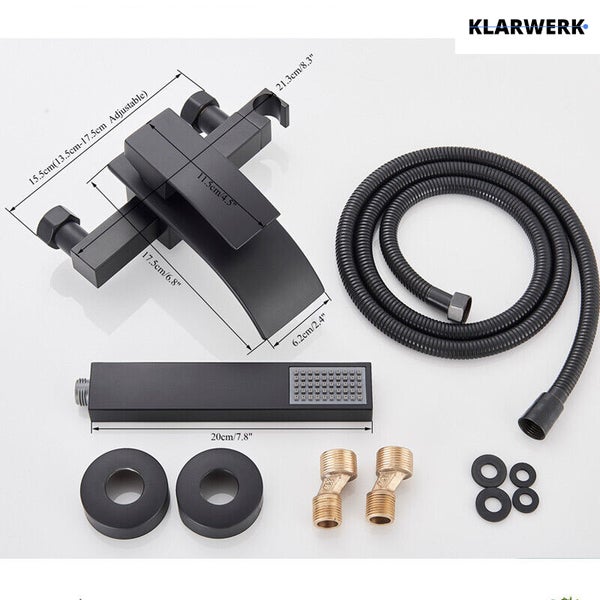 Klarwerk Wannenarmatur mit Handbrause, Schlauch und Befestigungsmaterial mit Maßangaben in Zentimeter und Zoll