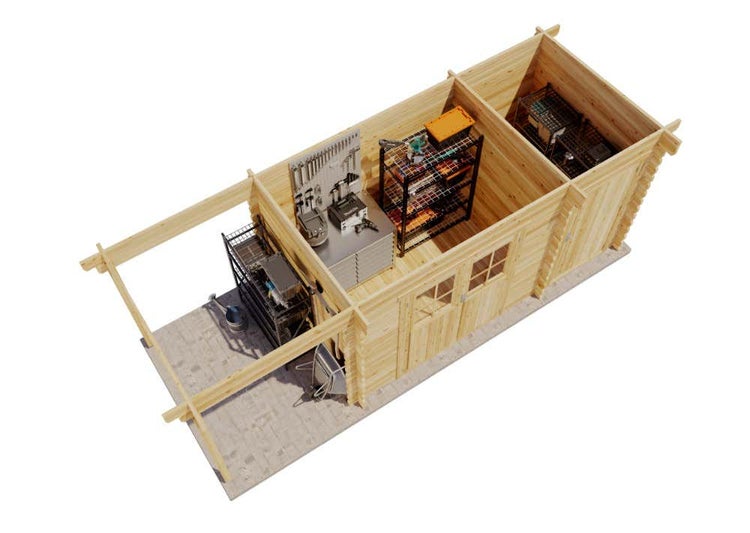 Illustration eines Holzgartenhauses mit Regalen und Werkzeugen