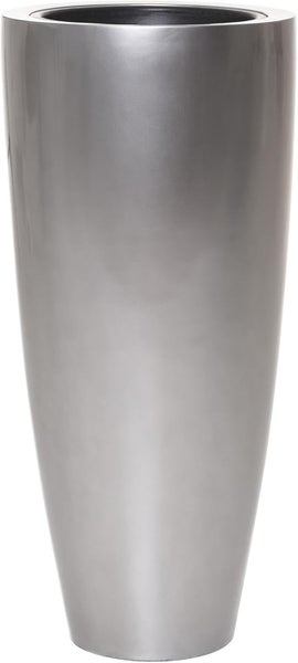 Hoher, konischer Pflanzkübel in Metallic-Grau mit glatter Oberfläche.