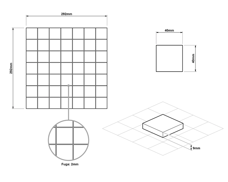 Maßzeichnung für Mosaikfliese mit einer Matte von 292 mal 292 Millimeter, Steinen von 40 mal 40 Millimeter, 9 Millimeter Stärke und 2 Millimeter Fuge.