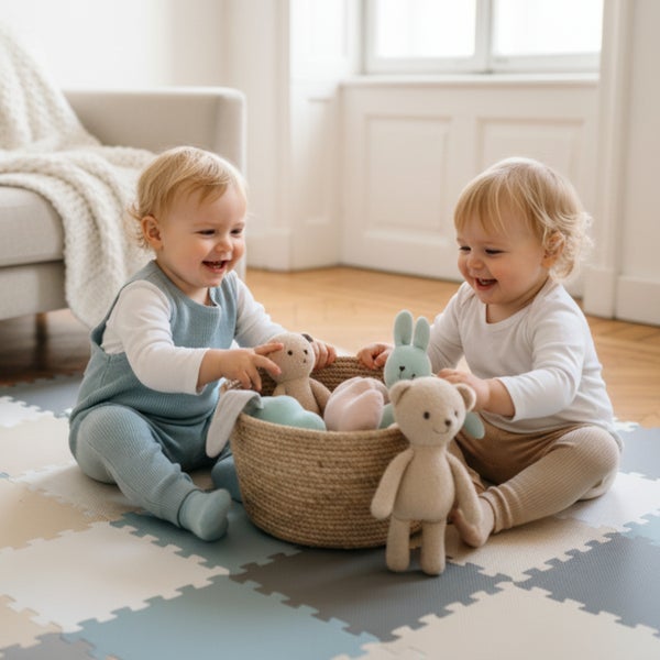 Zwei Kleinkinder spielen lachend auf einer Puzzlematte mit einem geflochtenen Korb voller Plüschtiere in einem hellen, wohnlichen Zimmer.