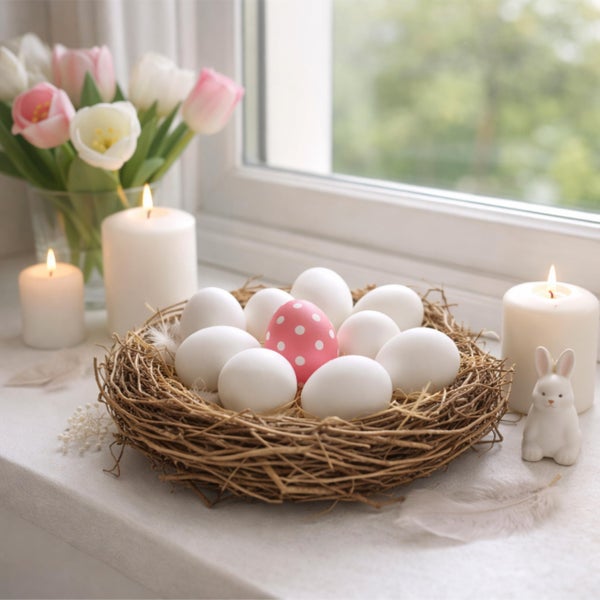 Helle Osterdekoration auf einer Fensterbank mit Strohnest, weißen Eiern, einem rosa gepunkteten Ei, weißen Kerzen, Tulpen und kleiner Hasenfigur.