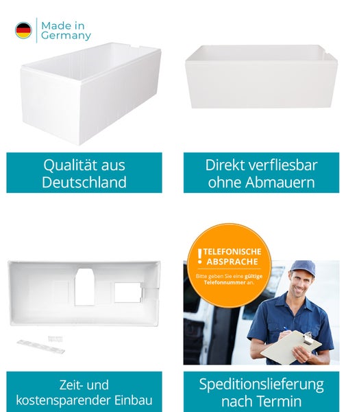 Calmwaters® Wannenträger 190 x 90 cm Modern Square 2, Passend für Rechteck-Badewanne 190x90 cm, Styroporträger, Schall- und wärmedämmend, Direkt verfliesbar, Badewannenträger in Weiß, 03AX3358