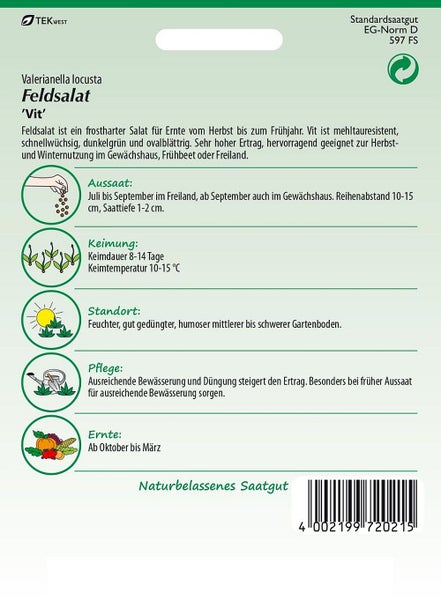 Feldsalat Saatgut Packung mit Informationen zu Aussaat, Keimung, Standort, Pflege und Ernte