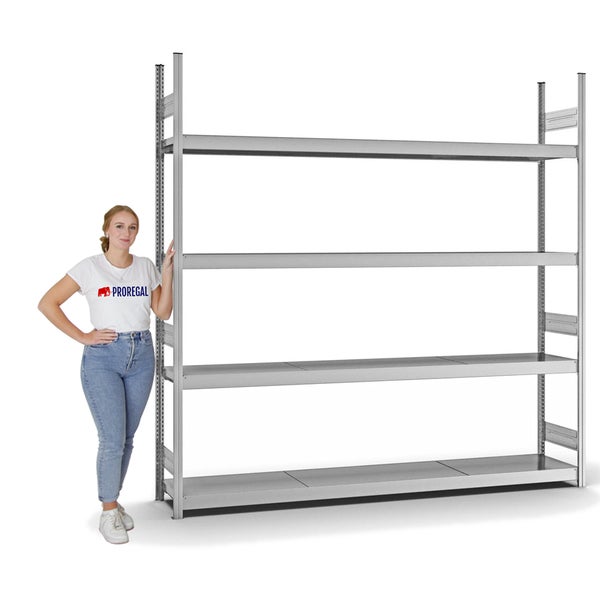 PROREGAL Weitspannregal Stecksystem T-Profil Grundregal HxBxT 250x250x40 cm 4 Ebenen Stahlplatten Fachboden Fachlast 350 kg Verzinkt