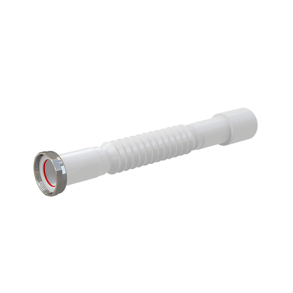 Flexibler Siphon-Anschluss aus weißem Kunststoff mit Metallmutter und roter Dichtung für Waschbecken oder Spülen.