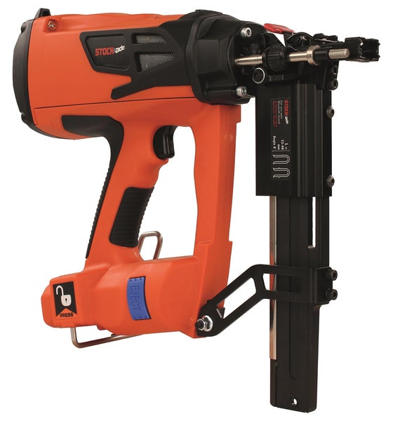 Stockade Krampennagler in Orange und Schwarz für den Zaunbau mit ergonomischem Griff und vertikalem Magazin.