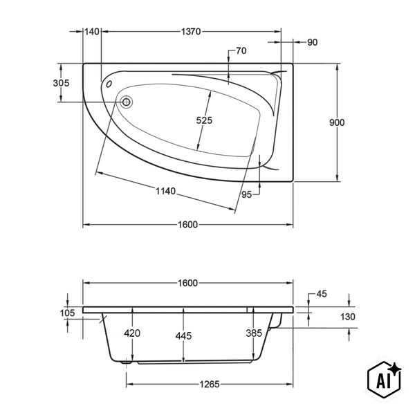 Technische Zeichnung mit Maßangaben für eine Eckbadewanne mit einer Länge von 1600 Millimetern.