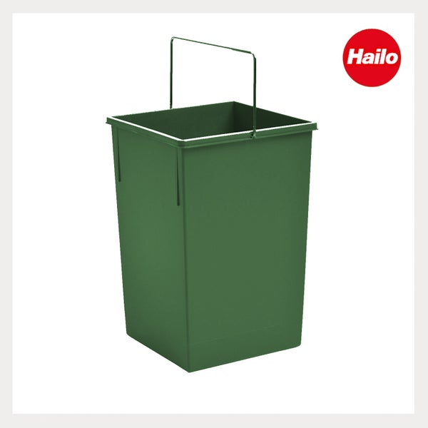 Grüner Hailo Inneneimer aus Kunststoff mit Metallgriff für Mülltrennsysteme. Hailo Logo.