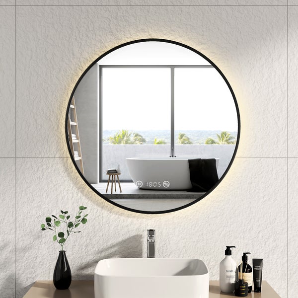 EMKE Badspiegel mit Beleuchtung, runder LED-Spiegel mit Touchschalter und Uhr, Badspiegel mit schwarzen Rahmen, ф80cm, Neutralweiß