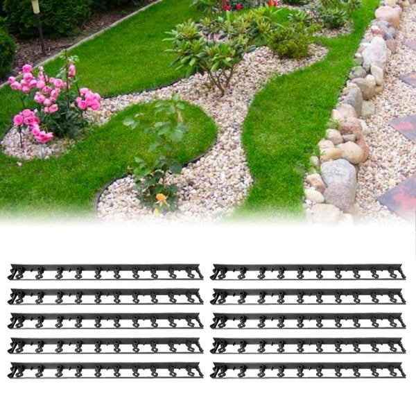 Flexible Rasenkante aus schwarzem Kunststoff zur Abgrenzung von Rasenflächen und Kieswegen im Garten.