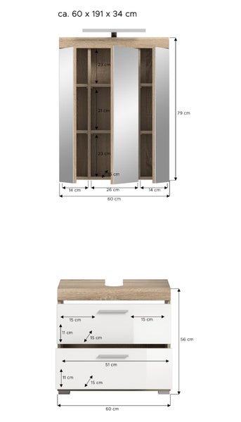 Maßzeichnung eines Badmöbel-Sets aus Spiegelschrank und Waschbeckenunterschrank mit detaillierten Größenangaben in Zentimeter.