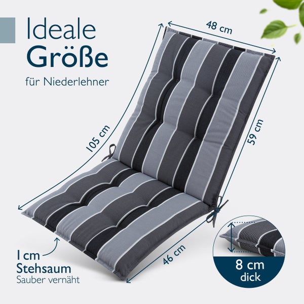 Gestreiftes Niederlehner Kissen mit den Maßen 105 x 48 x 59 Zentimeter und einer Dicke von 8 Zentimetern