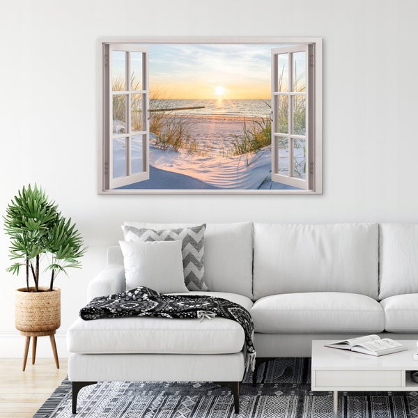 Bilder Fenster Strand Meer Modern Leinwandbild Wohnzimmer 80X60 cm
