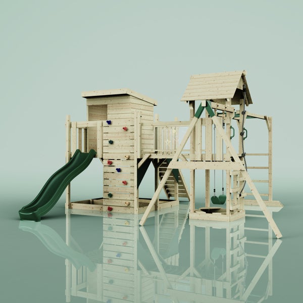 Spielplatz mit Rutsche, Schaukeln, Kletterwand und Spielhaus aus Holz