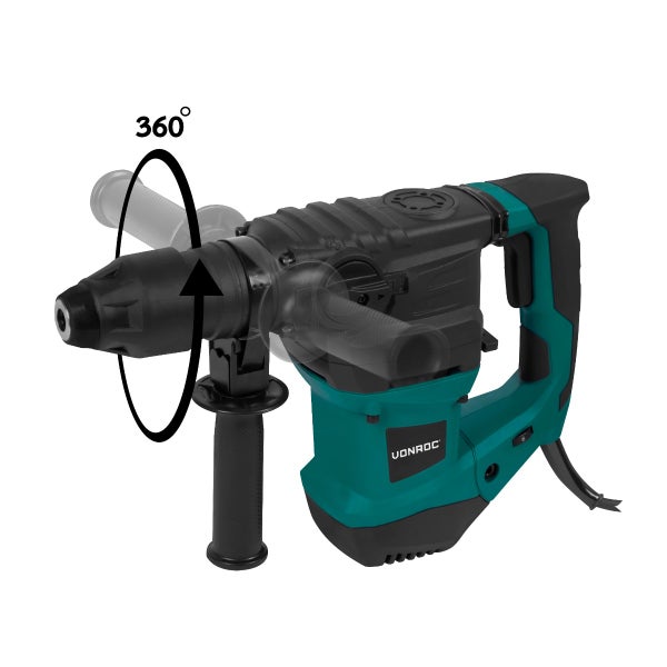 Türkis-schwarzer VONROC Bohrhammer mit um 360 Grad drehbarem Zusatzhandgriff.