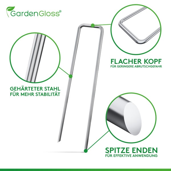 GardenGloss® Anti-Rost Erdanker / Heringe für Extrem Harten Boden (250 Stück) - Metallheringe 200 MM Lang, 25 MM Breit, Ø 3.8 MM