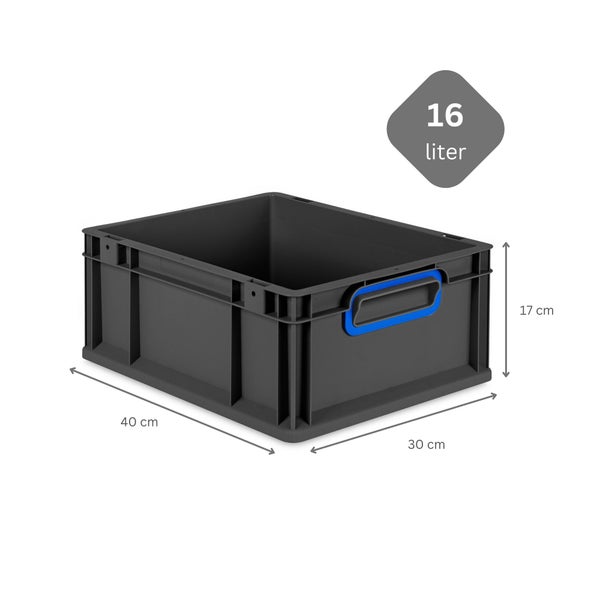 PROREGAL SuperSparSet 5x Eurobox NextGen Color mit Scharnierdeckel und Schiebeschnappverschlüssen, HxBxT 17x30x40cm, 16 Liter, Schwarz, Griffe blau geschlossen, Eurobehälter, Transportbox, Transportbehälter, Stapelbehälter