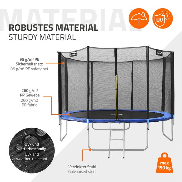 Hauki Trampolin Outdoor, Ø427 cm, Blau, GS geprüft, Rundes Gartentrampolin für Kinder bis 150 kg, Komplettset mit Sicherheitsnetz, Leiter, Randabdeckung, Gepolsterte Stangen, Stabile Kindertrampolin